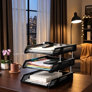Puede incluir: Un organizador de documentos de tres niveles hecho de plástico negro con pilares de soporte de metal plateado. Las bandejas contienen pilas de papel, una grapadora negra, un par de gafas, una calculadora negra y una caja rectangular blanca.