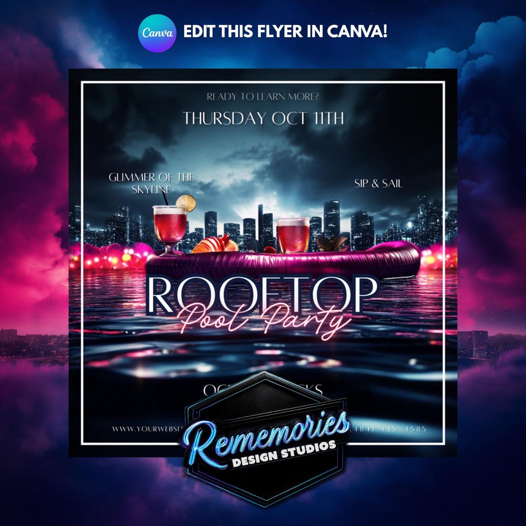 Rooftop Pool Party Flyer Template: Editable Canva Design - Etsy UK
