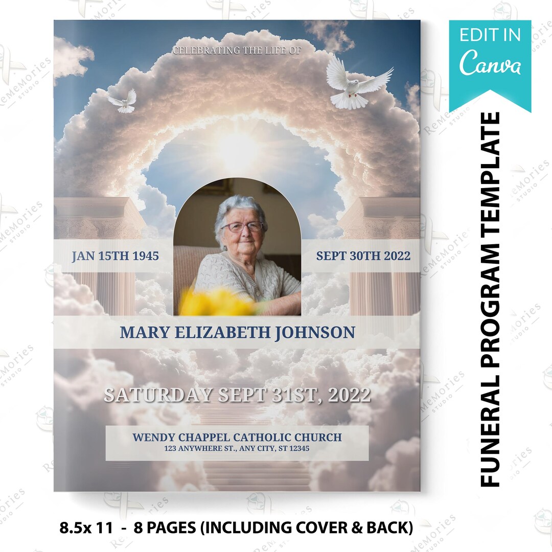 Funeral Program Cloud Stairway | 8.5 X 11 Editable Canva Template ...