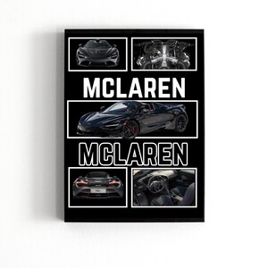 May include: A framed print featuring a black McLaren sports car. The print includes multiple views of the car, including the front, side, rear, engine, and interior. The word "MCLAREN" is displayed in white block letters.