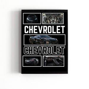 May include: Black and white poster with the word "CHEVROLET" repeated twice. The poster features four images of a black Chevrolet Corvette, including the car's interior, engine, and exterior.