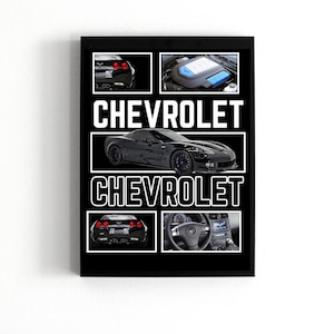 May include: A black and white collage featuring a Chevrolet Corvette. The collage includes images of the car's front, back, engine, and interior. The word "CHEVROLET" is written in bold white letters on a black background.