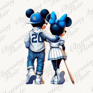 Baseball Mickey et Minnie PNG | Clipart sport mignon couple | Fan art des Yankees de New York | Dessin animé amour SVG | Téléchargement numérique pour sublimation