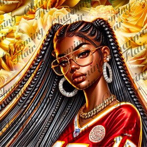 PNG Kansas City Chiefs Digital Art - Afroamerikanische Frau in Häuptlinge Jersey gelbe Rosen PNG-Datei, Fußball Fan Art, kommerzielle Nutzung