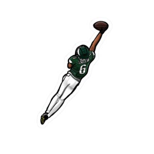 May include: A cartoon illustration of a football player in a green and white uniform catching a football. The player is wearing a helmet and has the number 6 and the name "SMITH" on the back of the jersey.