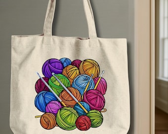 Sac fourre-tout amateur de fil au crochet avec crochets Sac de projet en fil de toile de coton Cadeau au crochet pour les crocheteurs Sac en toile Sac réutilisable au crochet