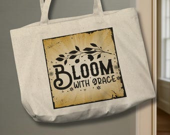 Bolsa de mano cristiana "Bloom With Grace", bolsa con cita inspiradora de fe para mujer, accesorio de estudio bíblico, bolsa de algodón, idea de regalo espiritual para ella