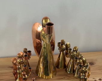 Vintage Mexican Brass Copper Angel Choir Candle Holder  11pc Set Mid Century MCM Hecho En Mexico Folk Art Christmas Figurines, Rare 16"