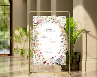Plantilla de cartel de bienvenida para boda con flores silvestres: Elegante póster floral (descarga digital)