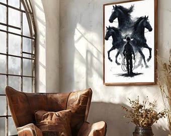 Impresión artística del Oeste: Vaquero y caballos (descarga digital)