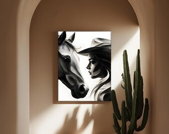 Rostros abstractos de vaquera y caballo: arte digital de conexión emocional: impresión artística del Muro de las Lamentaciones