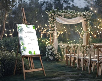 Plantilla de letrero de bienvenida de eucalipto para boda: Recepción minimalista y elegante (descarga digital)