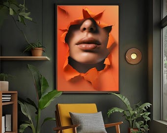 Impresión de retrato erótico de mujer: Papel naranja rasgado, arte minimalista (descarga digital)