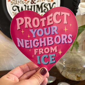 May include: A heart-shaped sticker with the text "PROTECT YOUR NEIGHBORS FROM ICE" in pink, blue, and white. The sticker has a pink background and star accents. The background includes a decorative plate with the words "RAGE & WHIMSY".