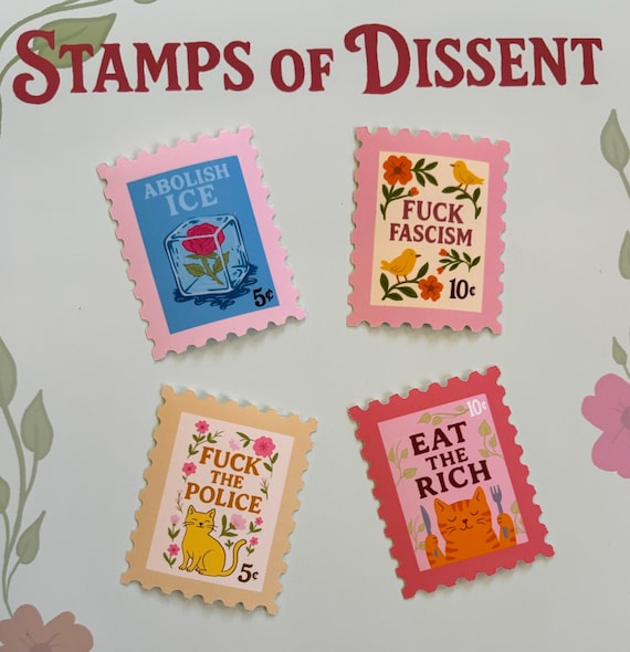 Stamps of Dissent- Whimsical Political Stamp Stickers – Abolish ICE, FTP, Eat the Rich, Fuck Fascism, anti fascist sticker set, eat the rich