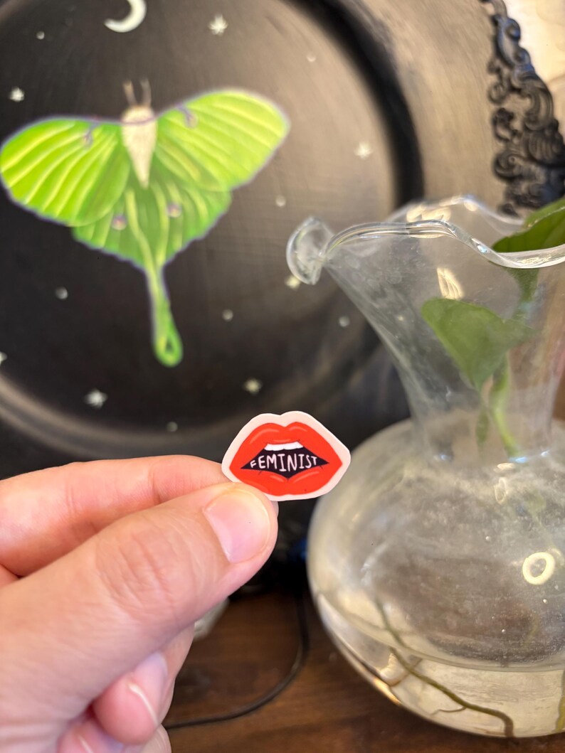 May include: A small sticker featuring red lips with the word "FEMINIST" in black. The sticker is held in front of a black plate with a green moth illustration and a clear glass vase.