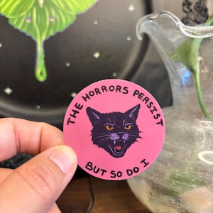 Könnte beinhalten: Ein pinkfarbener Aufkleber mit dem Text "THE HORRORS PERSIST BUT SO DO I" und einer schwarzen Katzenillustration mit orangefarbenen Augen. Auf einem schwarzen Teller im Hintergrund ist ein grüner Schmetterling gemalt.