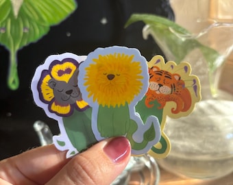 Whimsical Big Cat Plant Sticker Bundle – Dandy Lion, Pansther & Tiger Lily – 2” Waterproof Vinyl Stickers – Cute Garden Animal Mashup Art