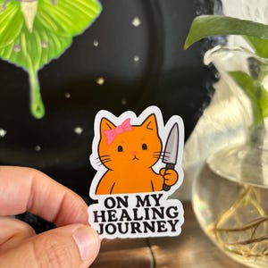 May include: A sticker featuring an orange cartoon cat with a pink bow holding a knife. The sticker has the text "ON MY HEALING JOURNEY" in black and white.