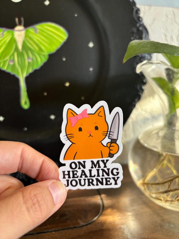 On My Healing Journey Sticker – Angry Cute Cat with Knife, Mental Health Humor, Vinyl Sticker, Self-Care with Sass