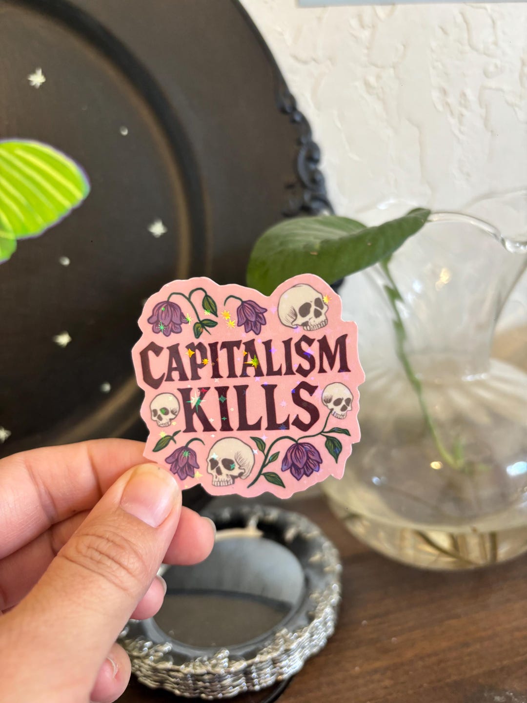 Capitalism Kills Sticker, Holographic Anti-Capitalist Vinyl Sticker, Skulls and Flowers Protest Decal, Political Laptop Water Bottle Sticker