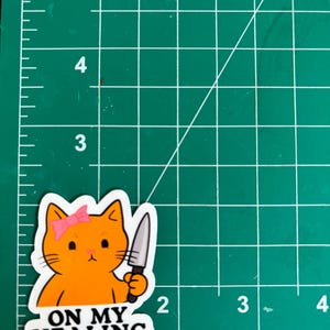 May include: Orange cat sticker with a pink bow holding a knife. The sticker has the text "ON MY HEALING JOURNEY" in a black font. The sticker is on a green cutting mat.