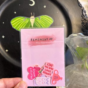 May include: A pink packet of stickers with the text "FEMINIST AF" and "Mira Stickers". The stickers have various designs and phrases, including "PROTECT WOMEN" and "WOMEN DON'T OWE YOU SHIT". A black plate with a green moth and moon is in the background.
