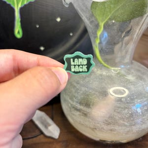 May include: A small, teal and black enamel pin with the words "LAND BACK" in a bold font. The pin is held in front of a clear glass vase with a plant inside. A clear crystal and a black and green painting are in the background.
