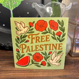 Free Palestine bumper sticker, Large Palestine car decal, Palestinian solidarity sticker, Floral Poppies, Doves, and Watermelon