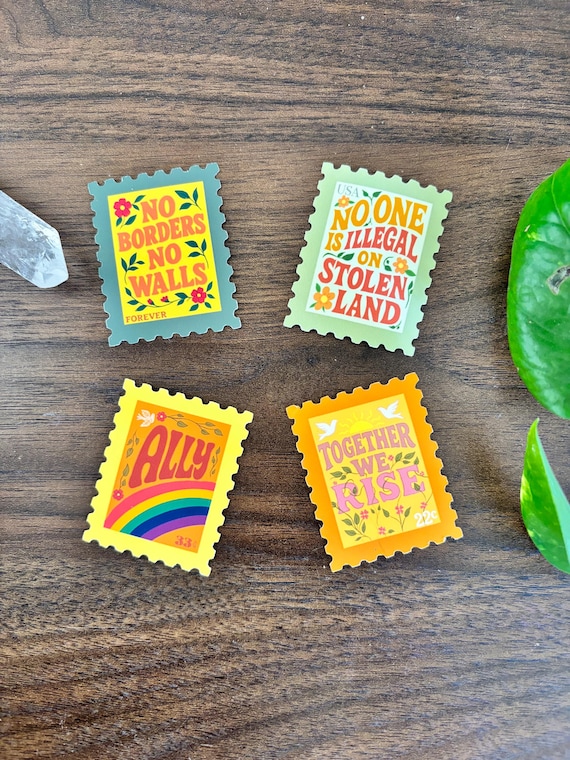 Stamps of Solidarity-Political Stamp Stickers, vintage style protest stickers, no one is illegal on stolen land, no borders no walls, ally