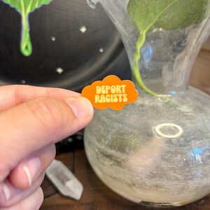 May include: An orange cloud-shaped pin with the words "DEPORT RACISTS" in white block letters. The pin is held in front of a clear glass vase with a plant inside. A crystal and a dark background are also visible.