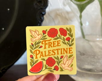 Free Palestine Sticker – Watermelon Doves Folk Art, Gaza Solidarity Sticker, Fundraiser Decal, Activist Art, free Palestine magnet