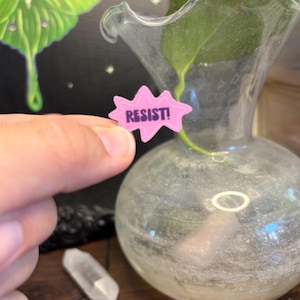 May include: A pink, starburst-shaped pin with the word "RESIST!" in white text. The pin is held in front of a clear glass vase with a green plant inside. A green and yellow moth illustration is in the background.