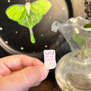 May include: A small sticker featuring a series of stylized breasts in shades of pink, purple, and orange. The sticker is held in a hand, with a black plate featuring a green moth and a glass vase in the background.