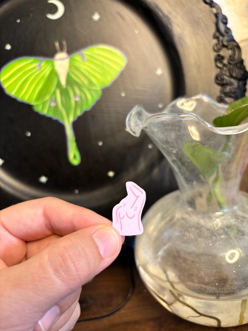 May include: A small, pink sticker depicting a stylized female form. The sticker is held in a hand, with a black plate featuring a green moth and a glass vase in the background. The moth has green wings and a long tail.