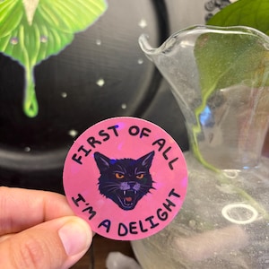First of all I’m a delight Holographic Black Cat Sticker: Witchy Sarcastic Vinyl Decal