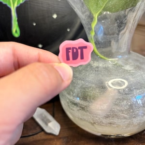 May include: A pink sticker with the letters "FDT" in dark purple. The sticker is held in front of a clear glass vase with a plant stem and leaf. A clear crystal pendant hangs in the background.
