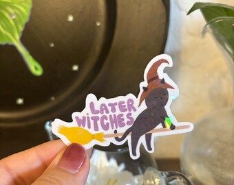 Later Witches Cat Sticker Holographischer Vinyl-Halloween-Aufkleber, süßer Halloween-Katzenaufkleber, süßer Hexenaufkleber