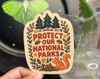 Puede incluir: Una pegatina con el texto "PROTECT OUR NATIONAL PARKS". La pegatina presenta ilustraciones de pinos, una ardilla, flores y bellotas, rodeadas por un borde decorativo. La pegatina se sostiene frente a un plato negro con un diseño de polilla.