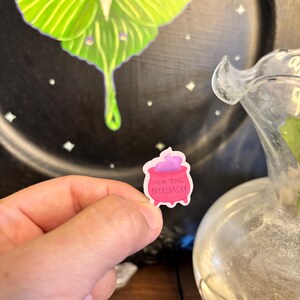 May include: A small sticker featuring a pink cauldron with purple potion and the text "HEX THE PATRIARCHY." The sticker is held in a hand, with a black plate featuring a green moth illustration in the background.