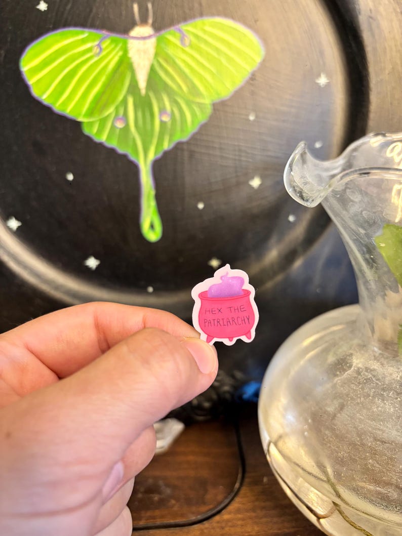 May include: A small sticker featuring a pink cauldron with purple potion and the text "HEX THE PATRIARCHY." The sticker is held in a hand, with a black plate featuring a green moth illustration in the background.