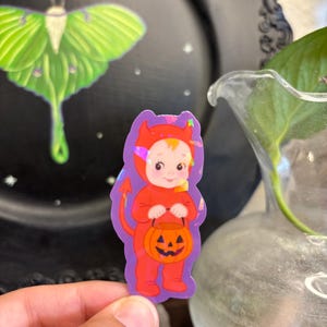 Holographic Devil Kewpie Sticker: Retro Halloween Trick or Treat