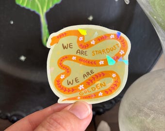 Może przedstawiać: Naklejka z napisem "WE ARE STARDUST WE ARE GOLDEN" w kolorze pomarańczowym i białym. Naklejka ma pomarańczowy wzór węża z białymi kwiatami na jasnożółtym tle.