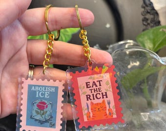 Holographic Stamp style Keychains – Eat the Rich + Abolish ICE | anti-ice Acrylic Keychain, eat the rich keychain