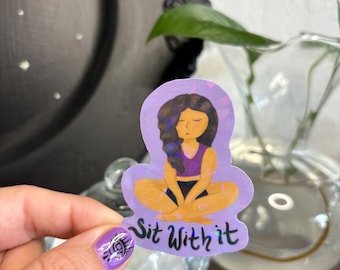 Pegatina de meditación, pegatina de niña meditando, pegatina de salud mental, pegatina holográfica, pegatina para portátil, pegatina para botella de agua