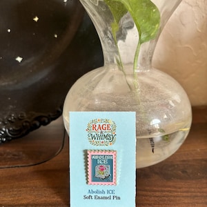 May include: A soft enamel pin on a light blue card. The pin is a pink and teal postage stamp design with the words "ABOLISH ICE" and "RAGE & WHIMSY". A clear glass vase with green leaves is in the background.