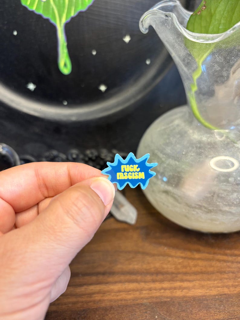 May include: A blue and white pin with the words "FUCK FASCISM" in a speech bubble shape. The pin is held in a hand, with a blurred background featuring a glass vase and a dark, speckled surface.