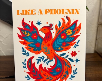Like a Phoenix You Will Rise 5x7 print  – Whimsical Folk Art Phoenix Print, Mystical Inspirational Art, Encouraging decor
