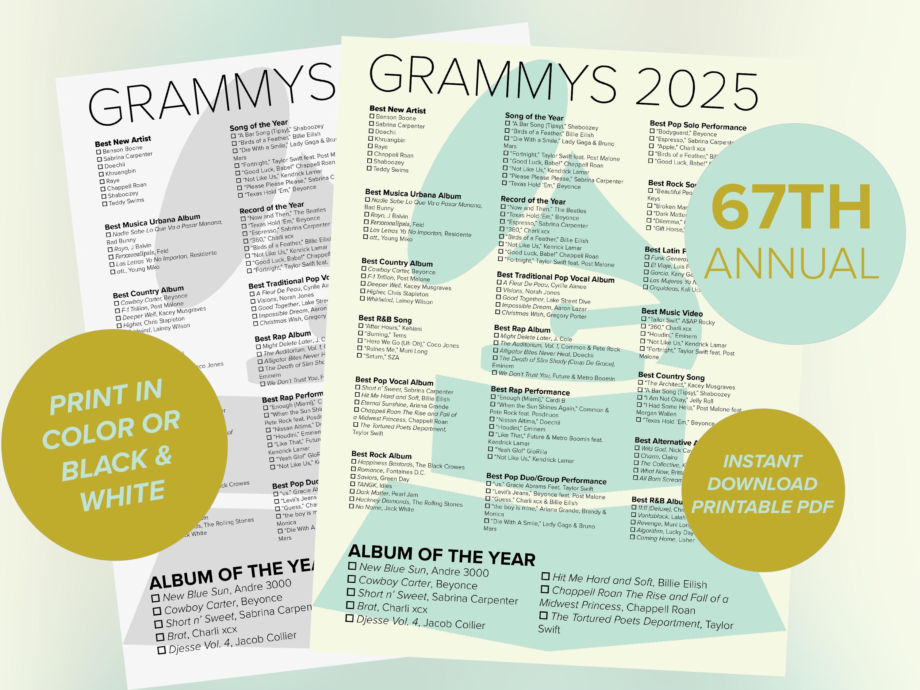 2025 Grammys Ballot 67th Annual Music Awards Printable Digital