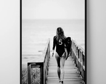 Black and White Surf Girl Print: Minimalist Beach Photography (Digital Download)